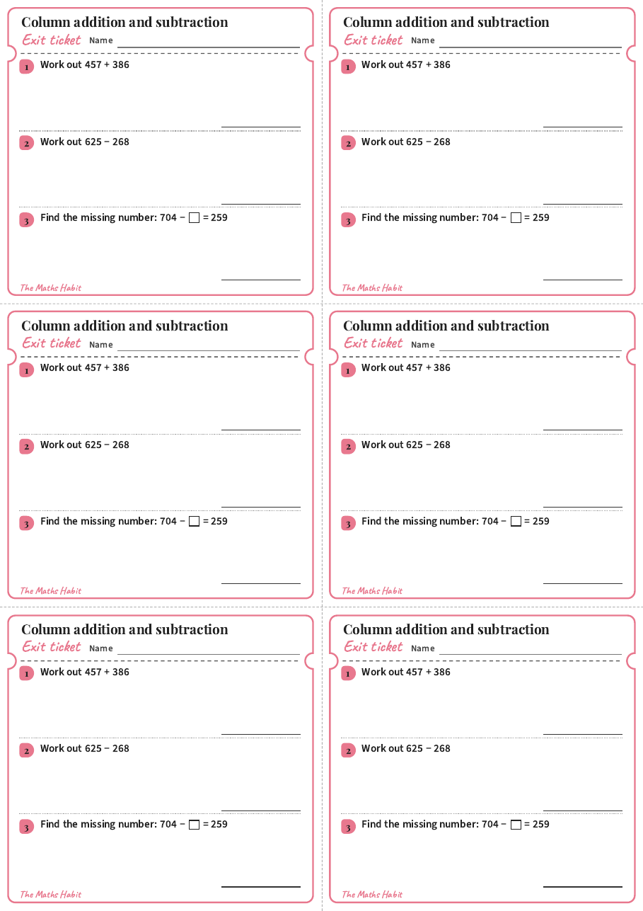 Column addition and subtraction, exit tickets