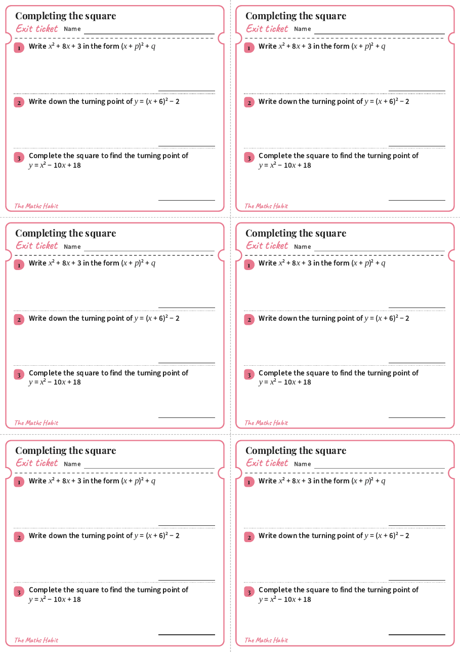 Completing the square, exit tickets