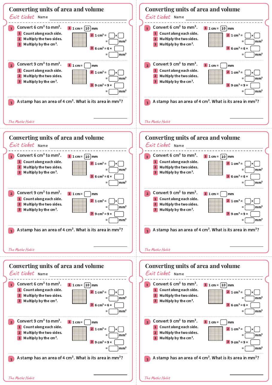 Converting units of area and volume, exit tickets