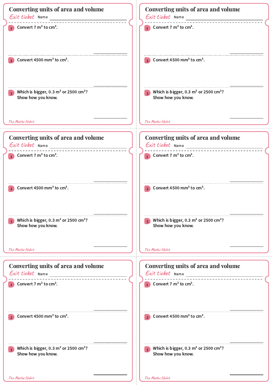 Converting units of area and volume, exit tickets