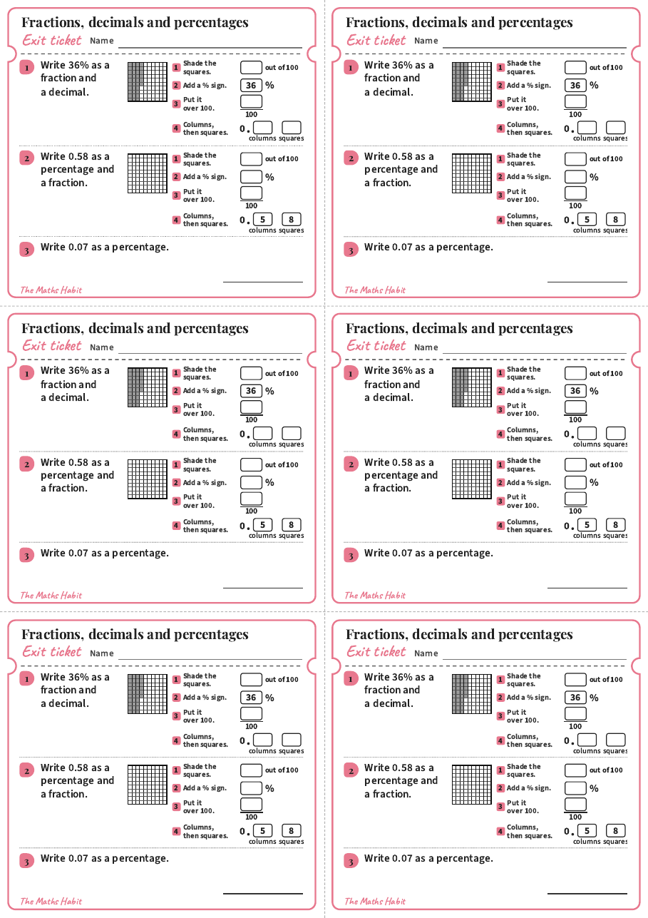 Fractions, decimals and percentages, exit tickets