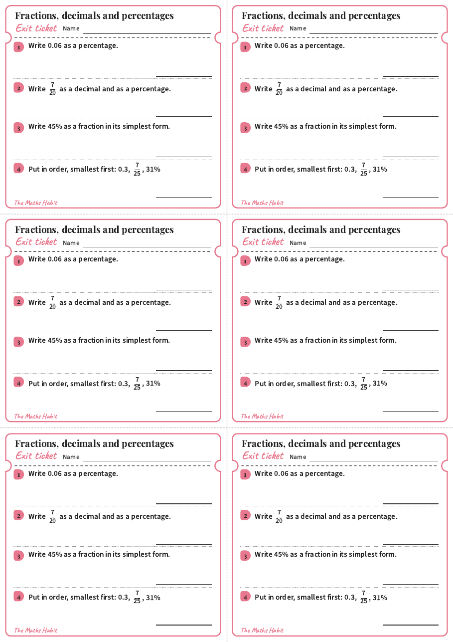 Fractions, decimals and percentages, exit tickets