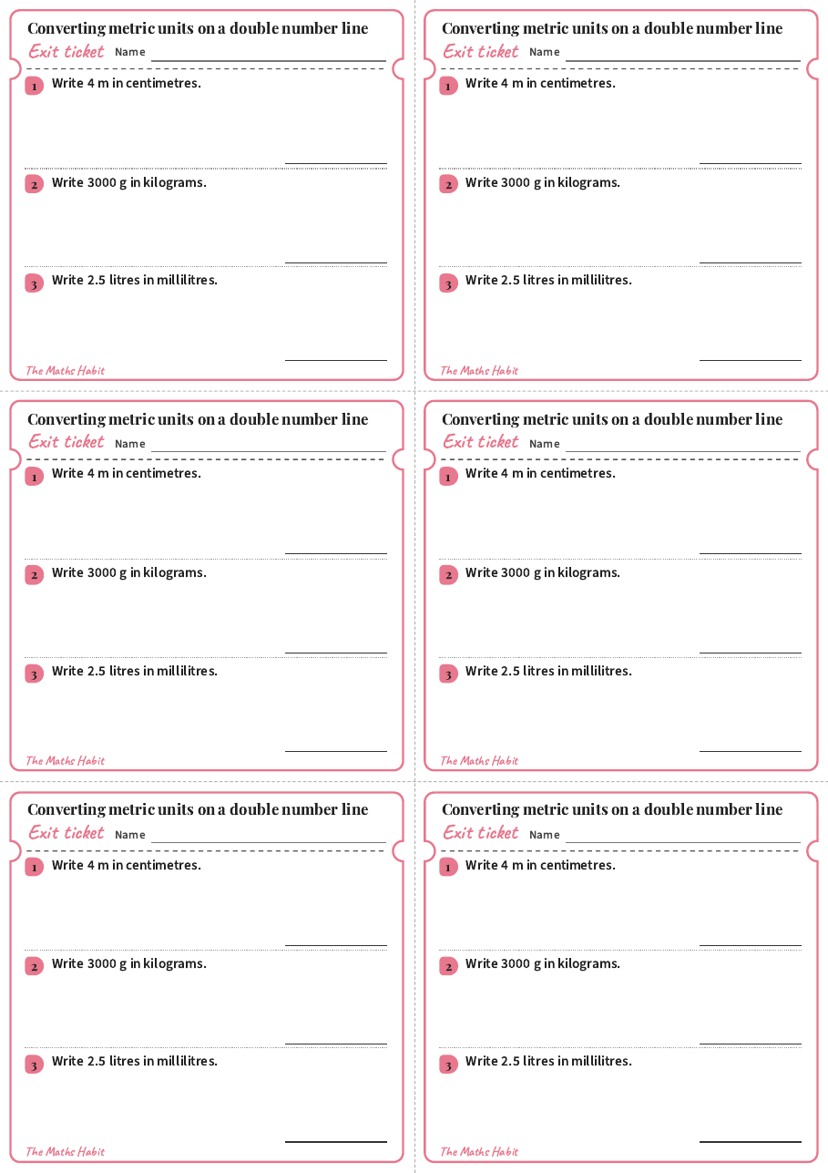 Converting metric units on a double number line, exit tickets