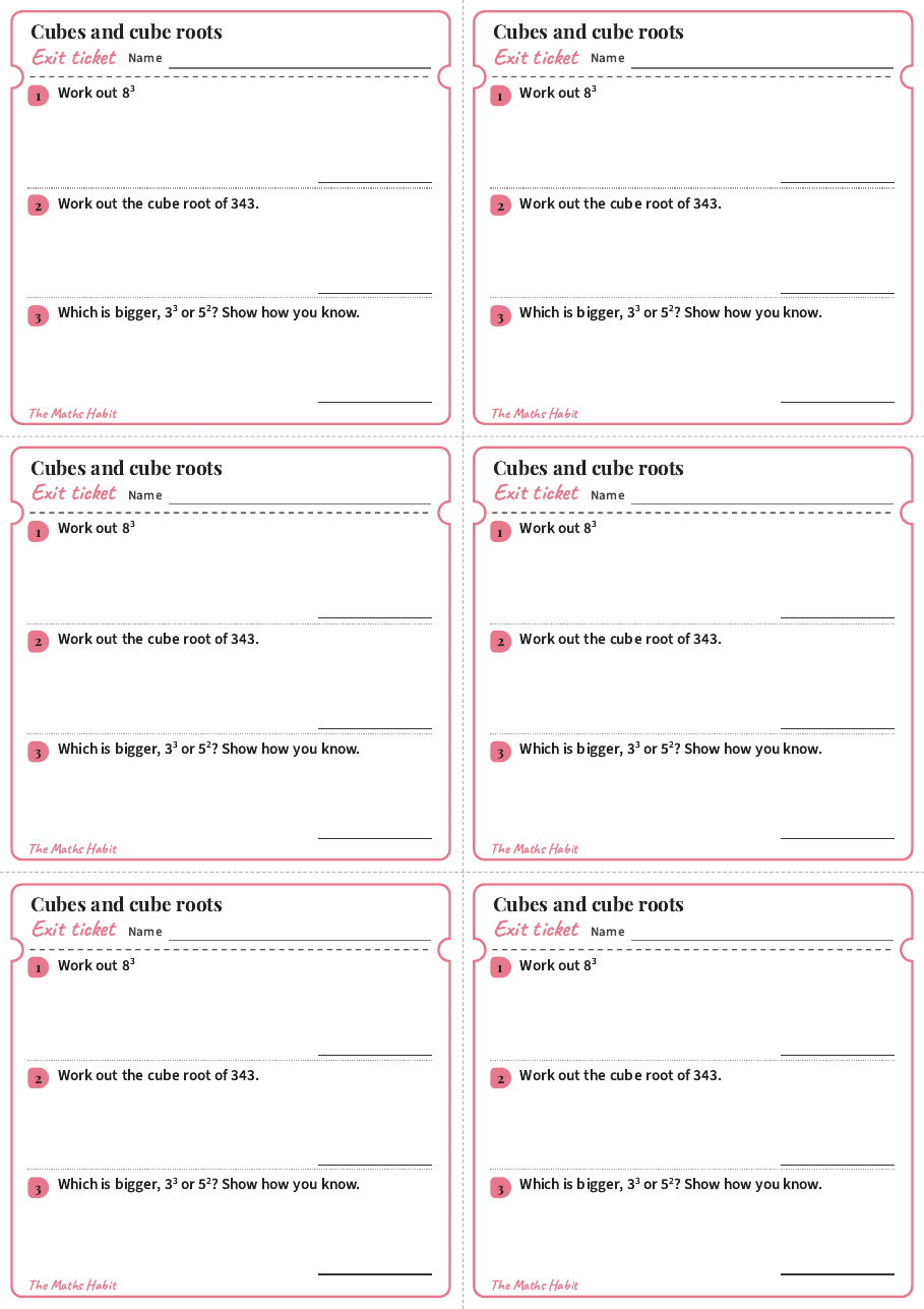 Exit ticket: Cubes and cube roots, first page