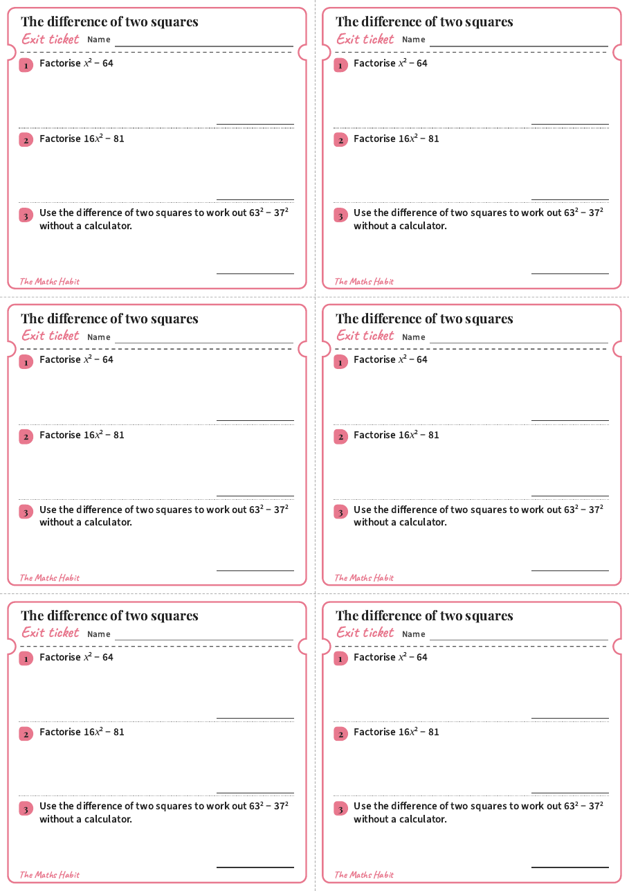 The difference of two squares, exit tickets