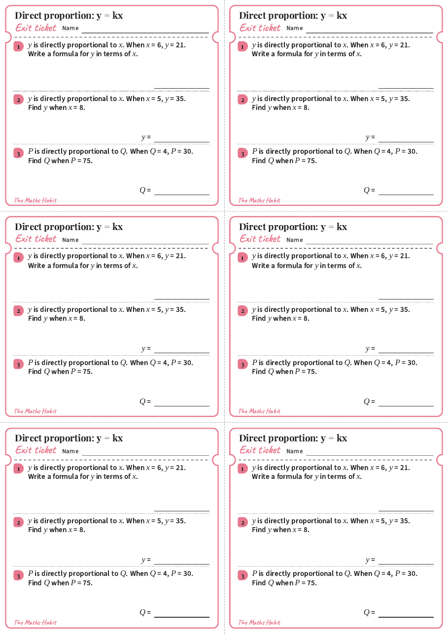 Direct proportion: y = kx, exit tickets
