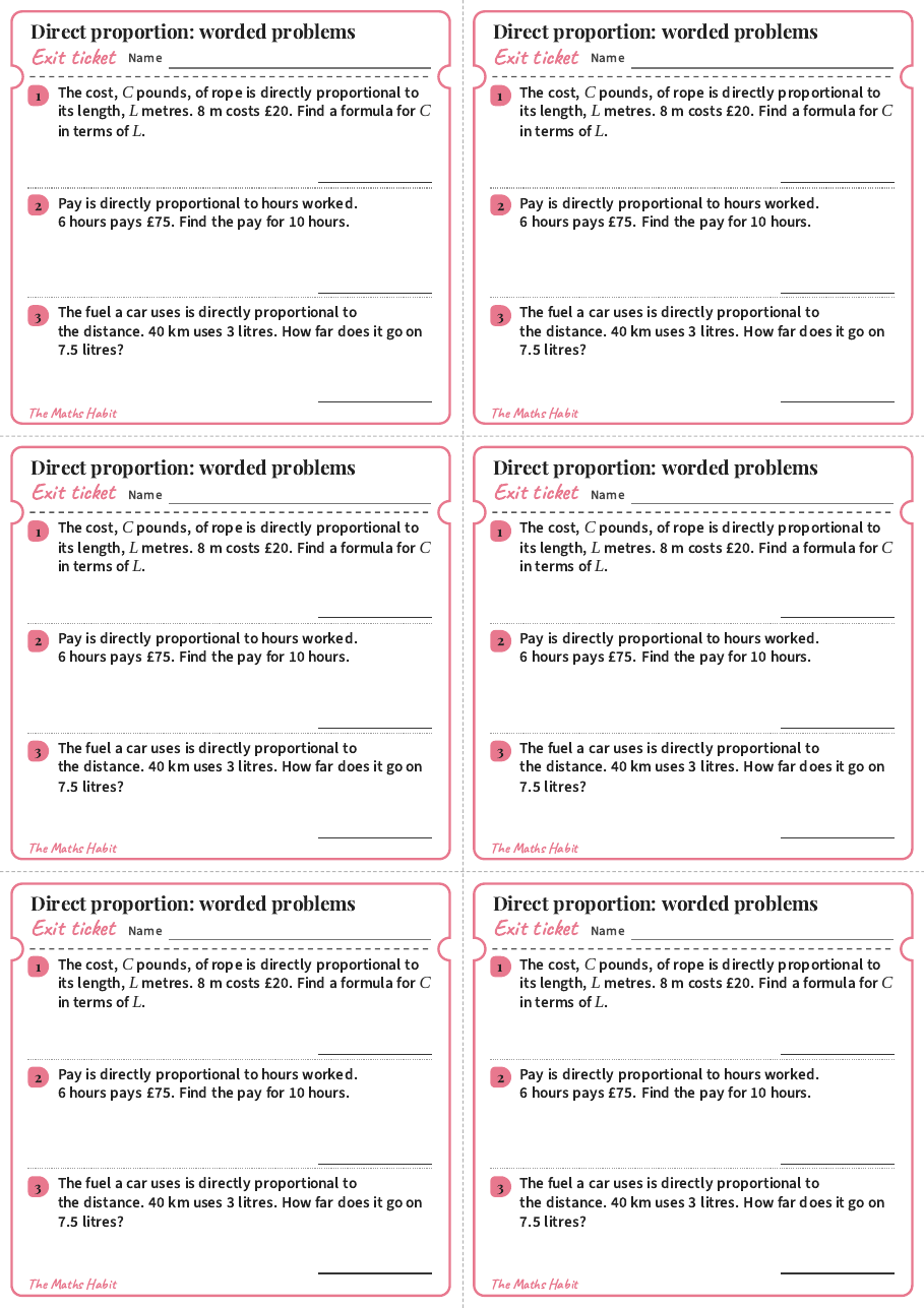 Direct proportion: worded problems, exit tickets