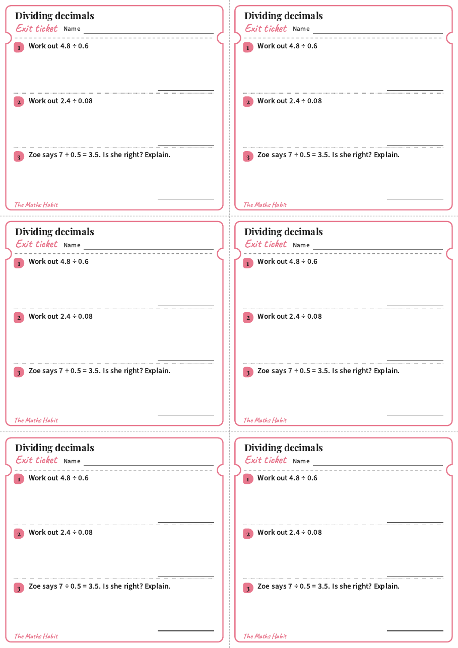 Dividing decimals, exit tickets