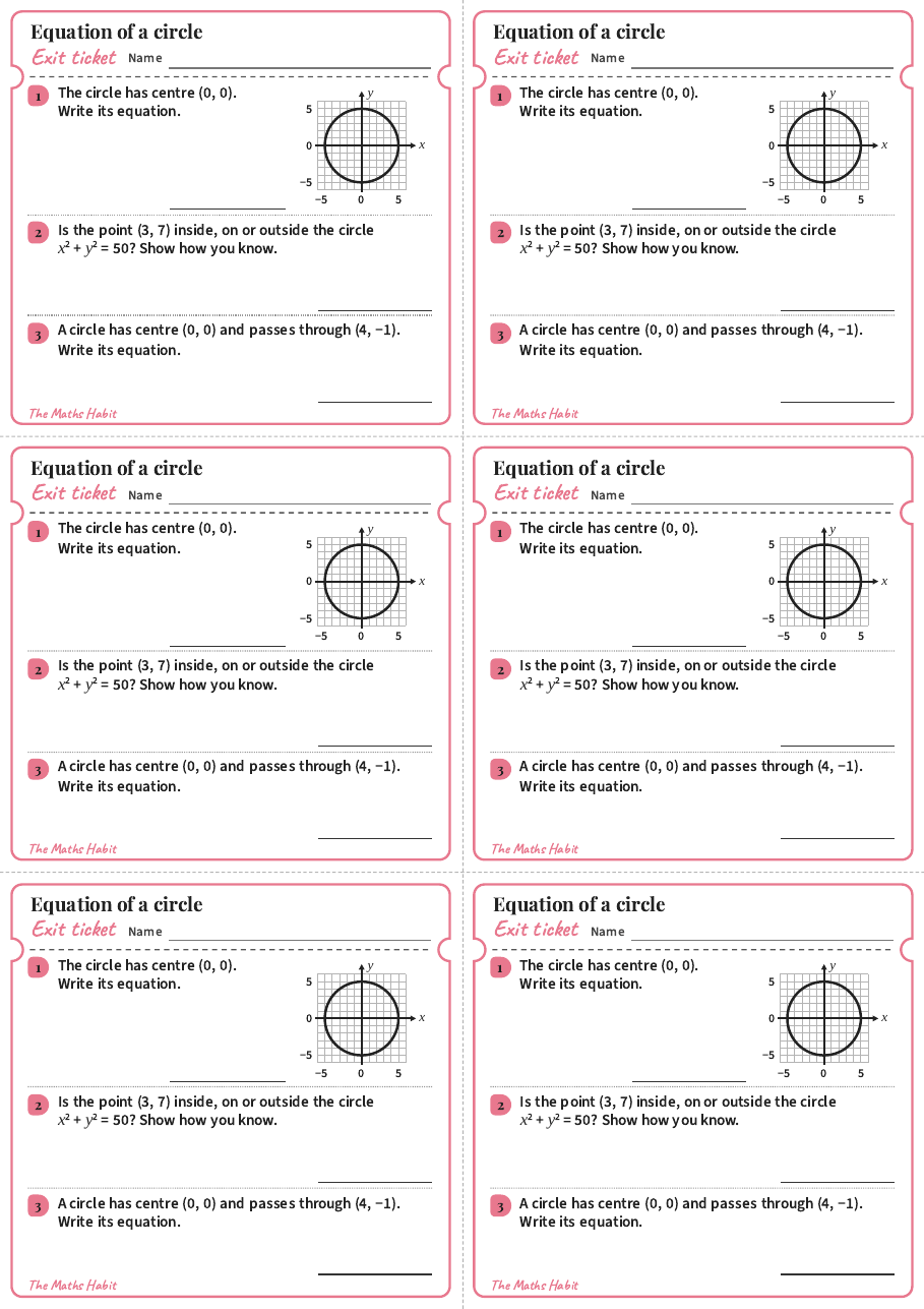 Exit ticket: Equation of a circle, first page