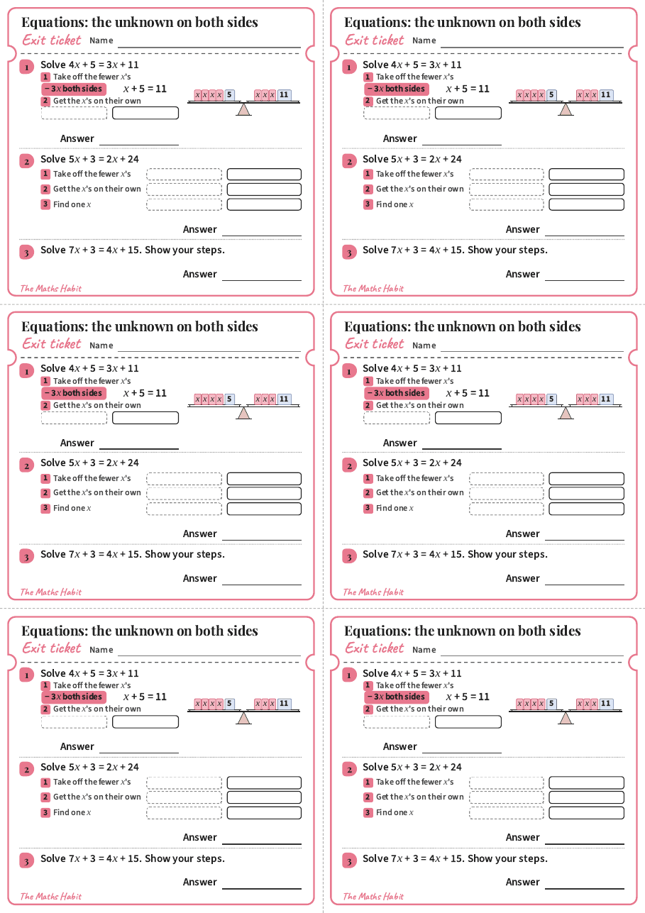 Equations: the unknown on both sides, exit tickets