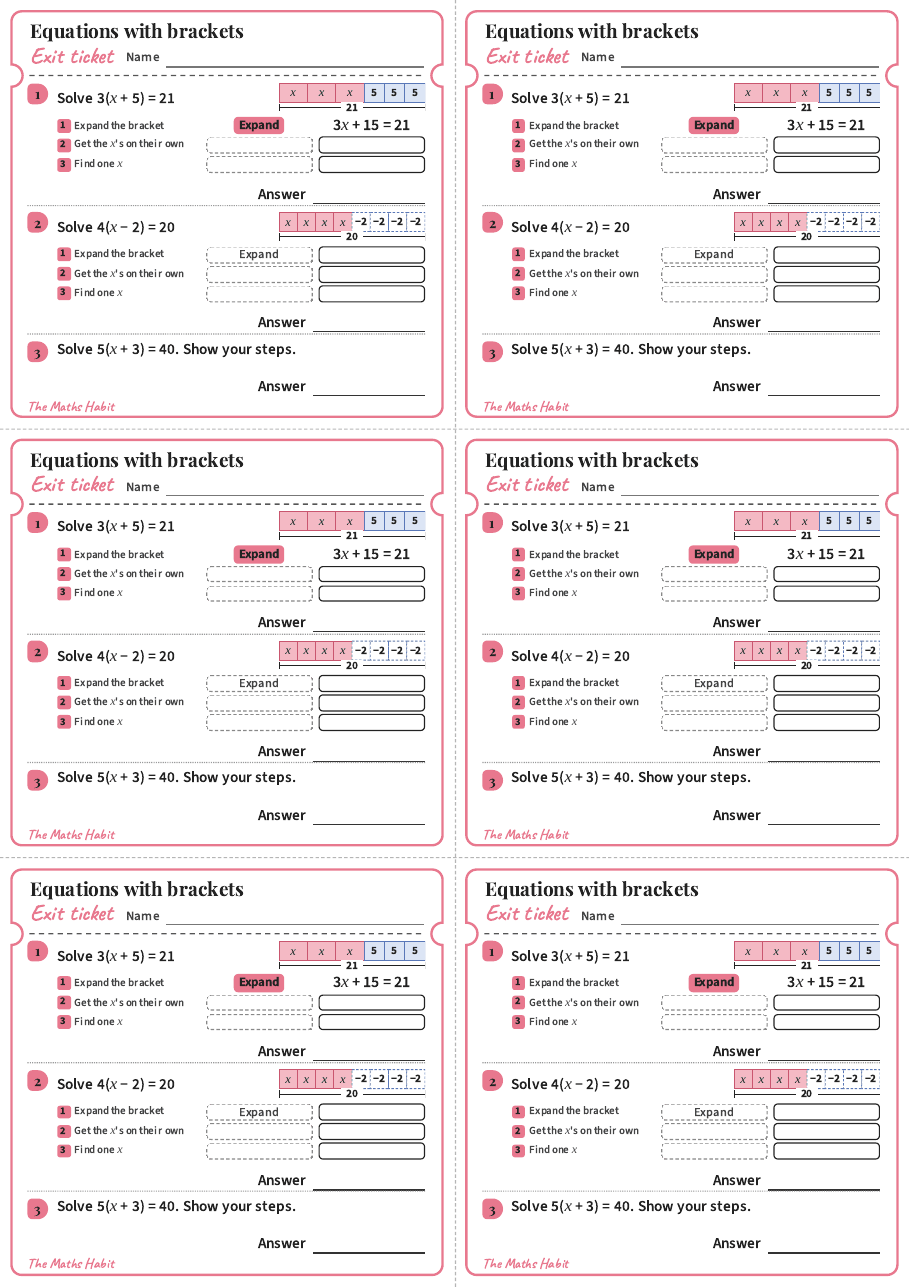 Equations with brackets, exit tickets