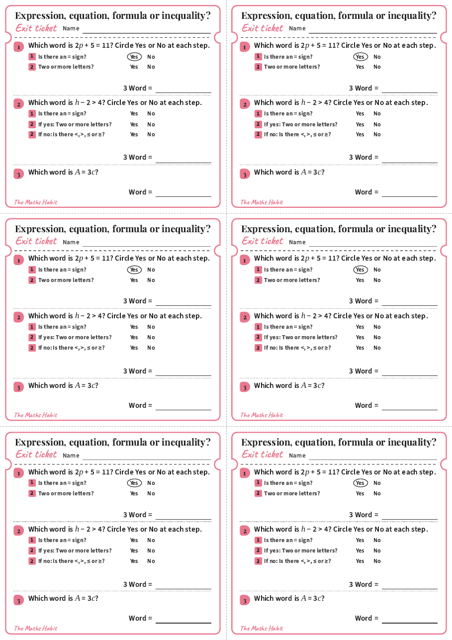 Expression, equation, formula or inequality?, exit tickets