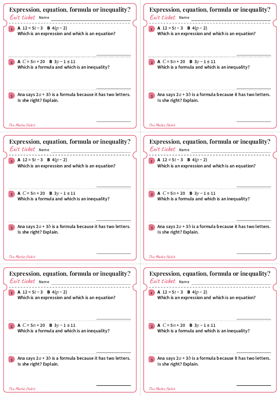 Expression, equation, formula or inequality?, exit tickets