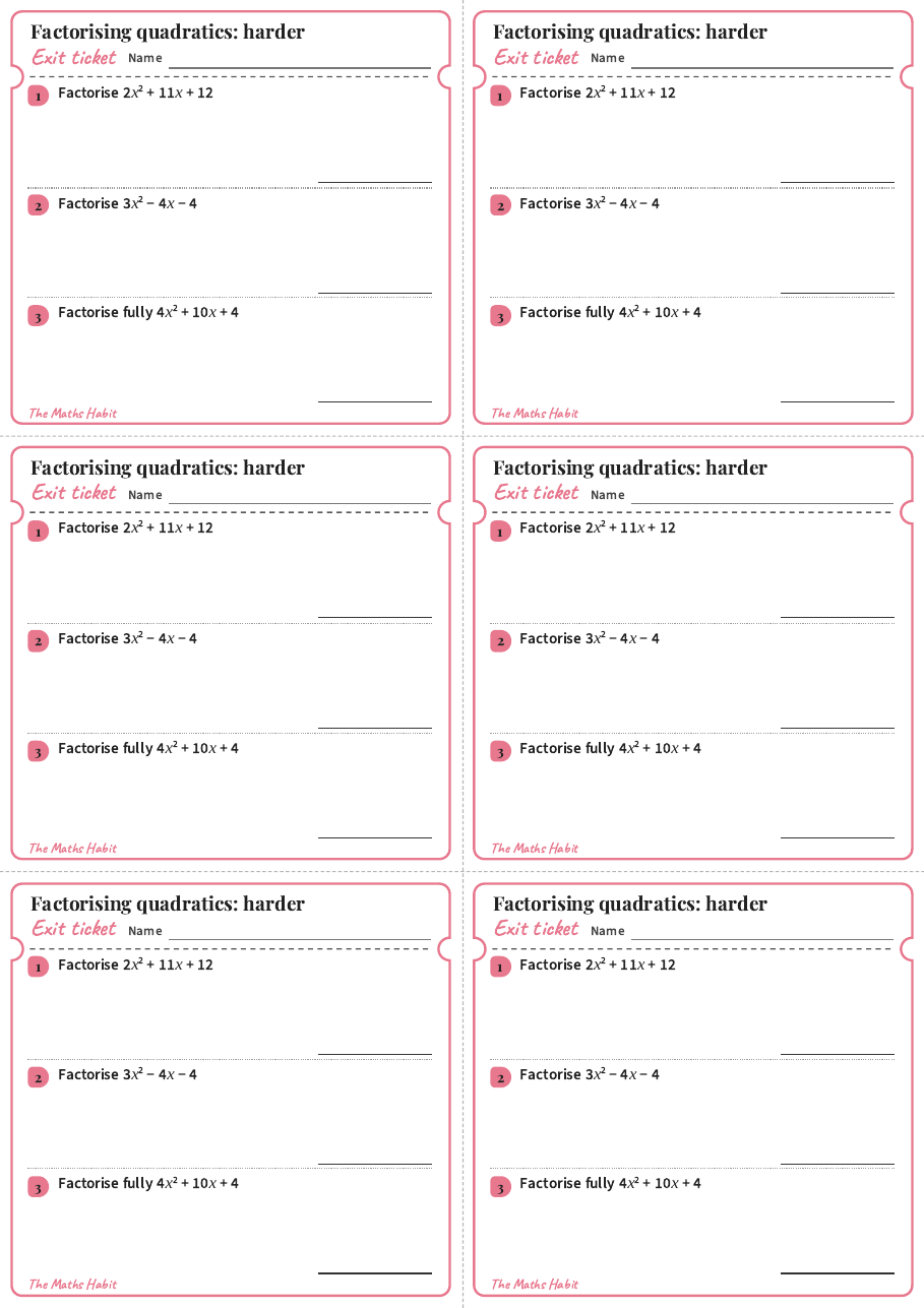 Factorising quadratics: harder, exit tickets