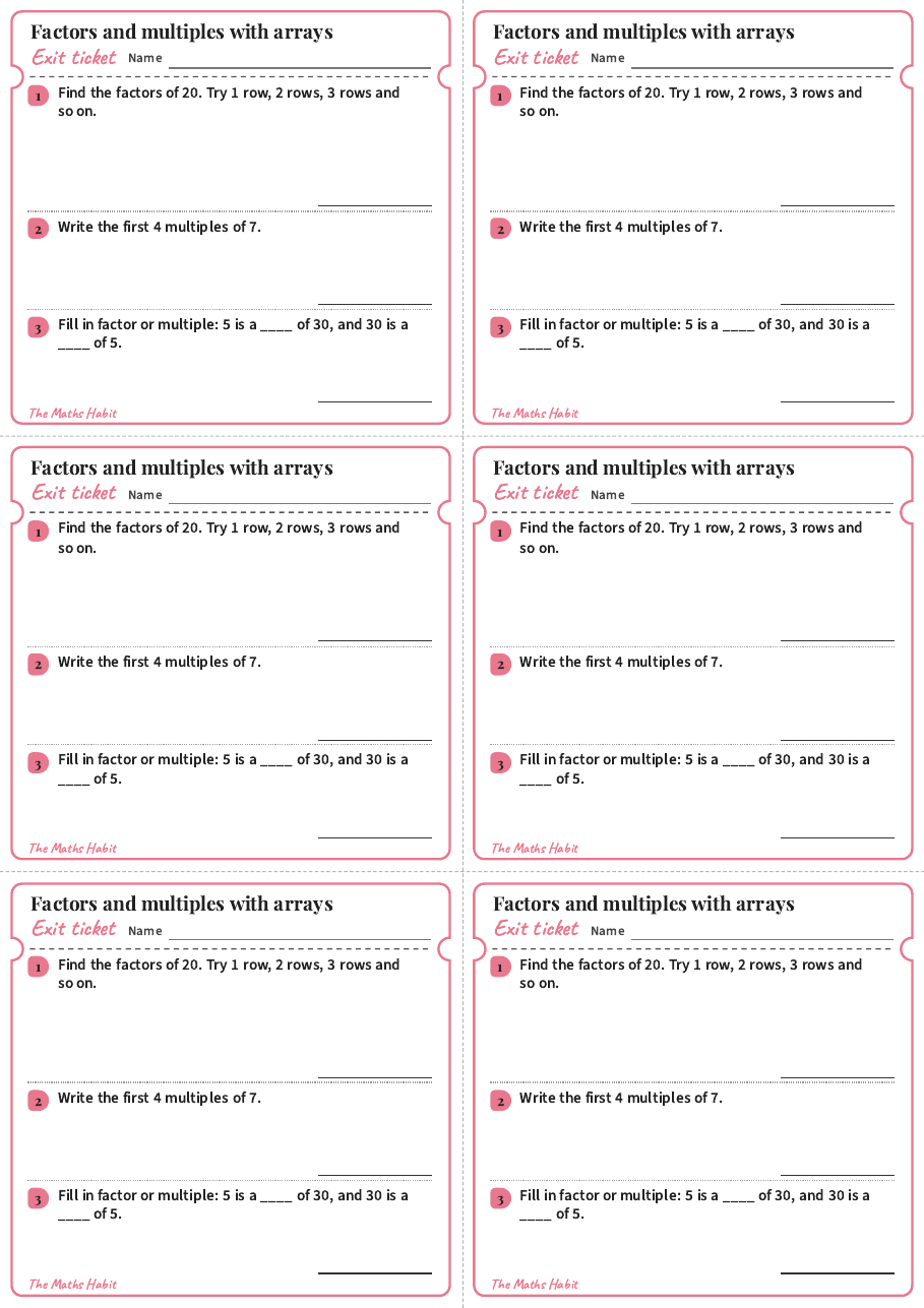 Exit ticket: Factors and multiples with arrays, first page