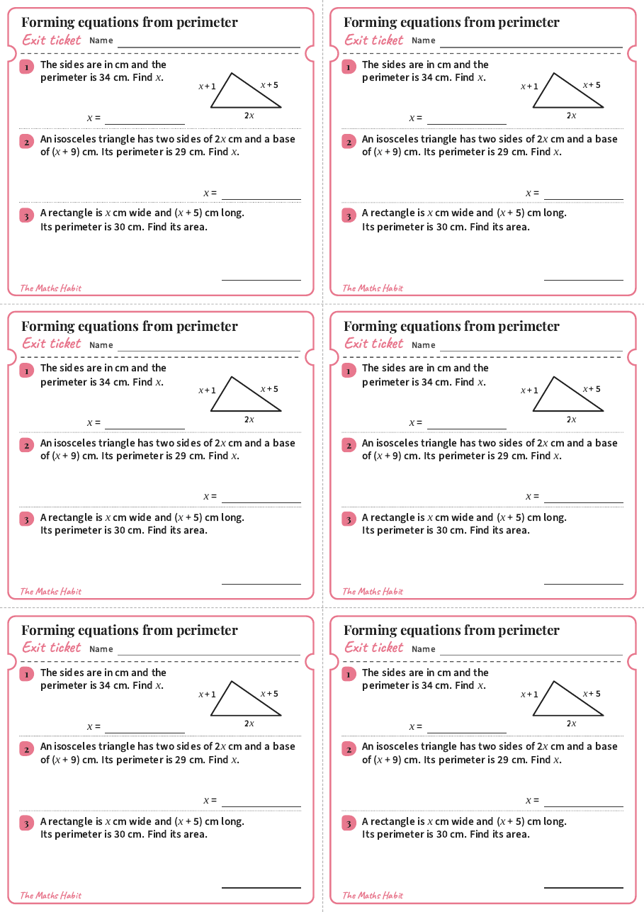 Forming equations from perimeter, exit tickets