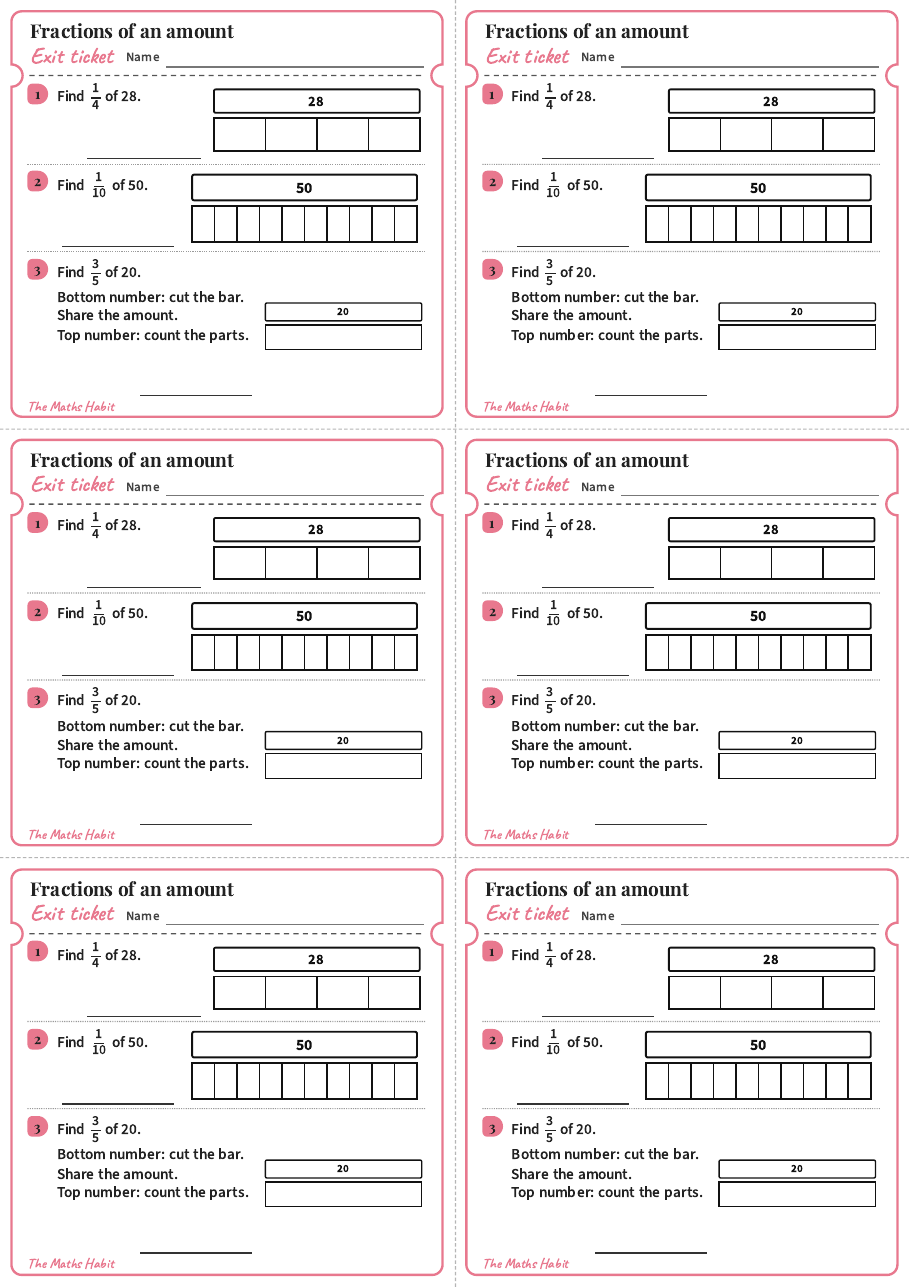 Fractions of an amount on the bar, exit tickets