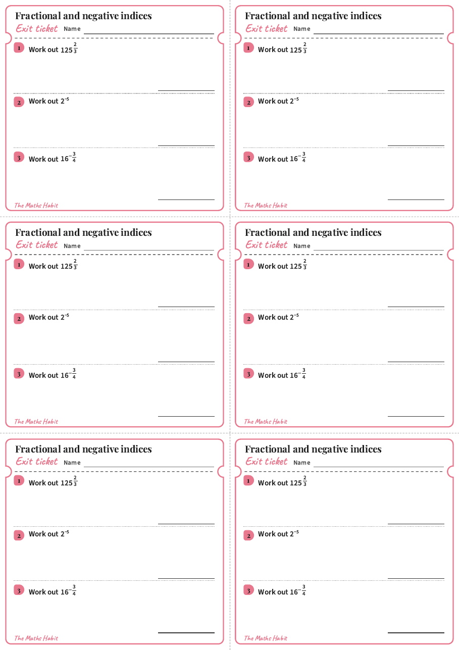 Exit ticket: Fractional and negative indices, first page