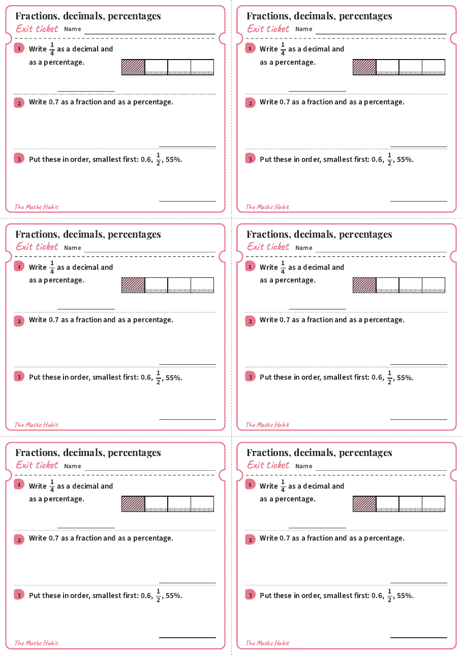 Fractions, decimals and percentages on the 100 bar, exit tickets