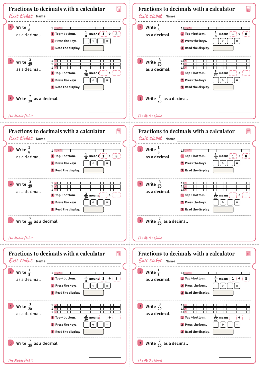Fractions to decimals with a calculator, exit tickets