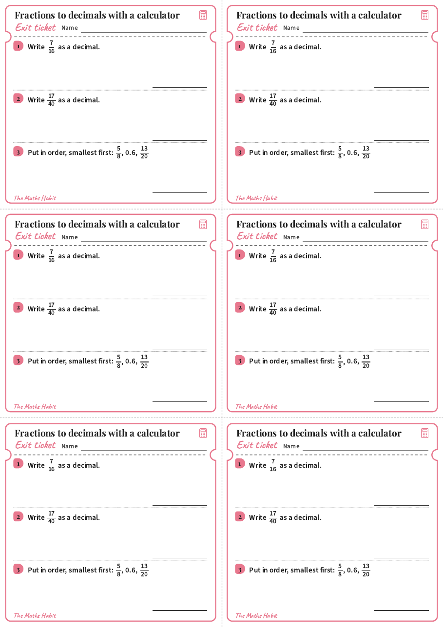Exit ticket: Fractions to decimals with a calculator, first page