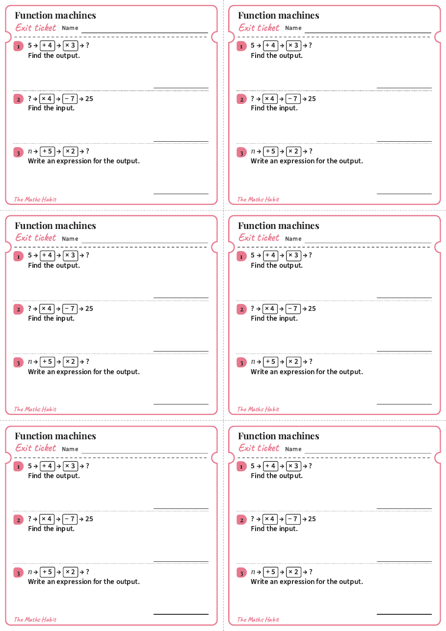Exit ticket: Function machines, first page