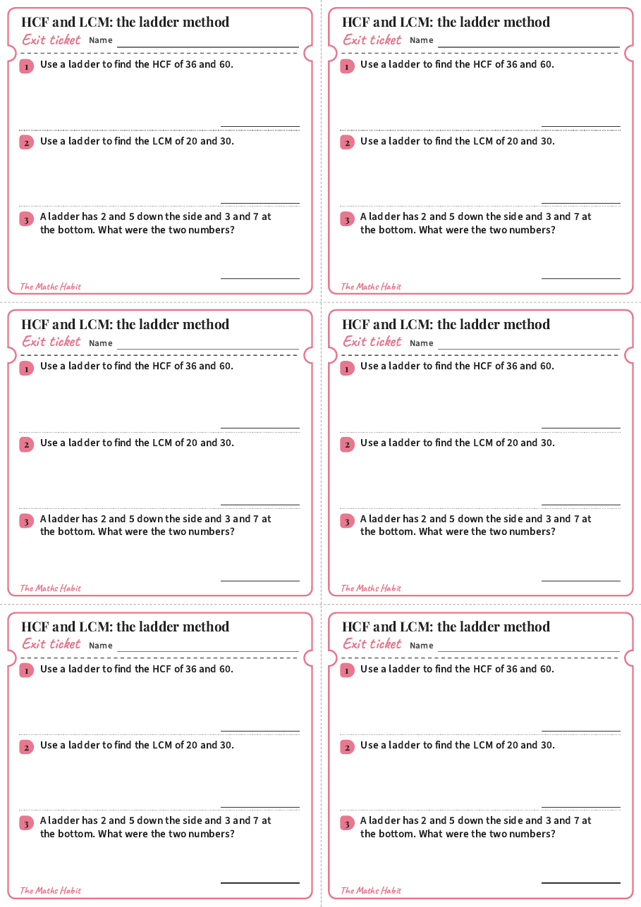 HCF and LCM: the ladder method, exit tickets