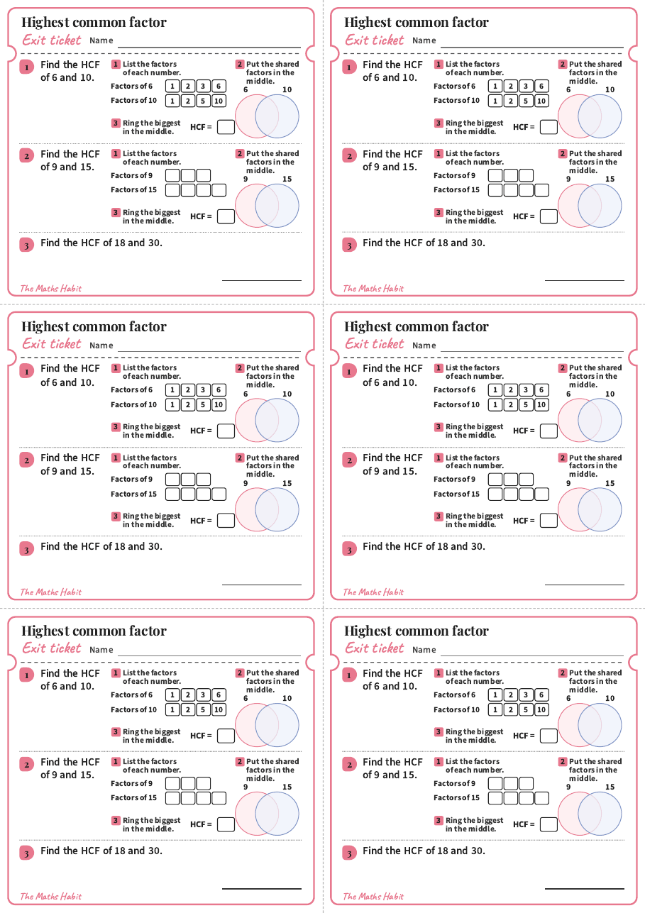 Highest common factor: Venn diagrams, exit tickets