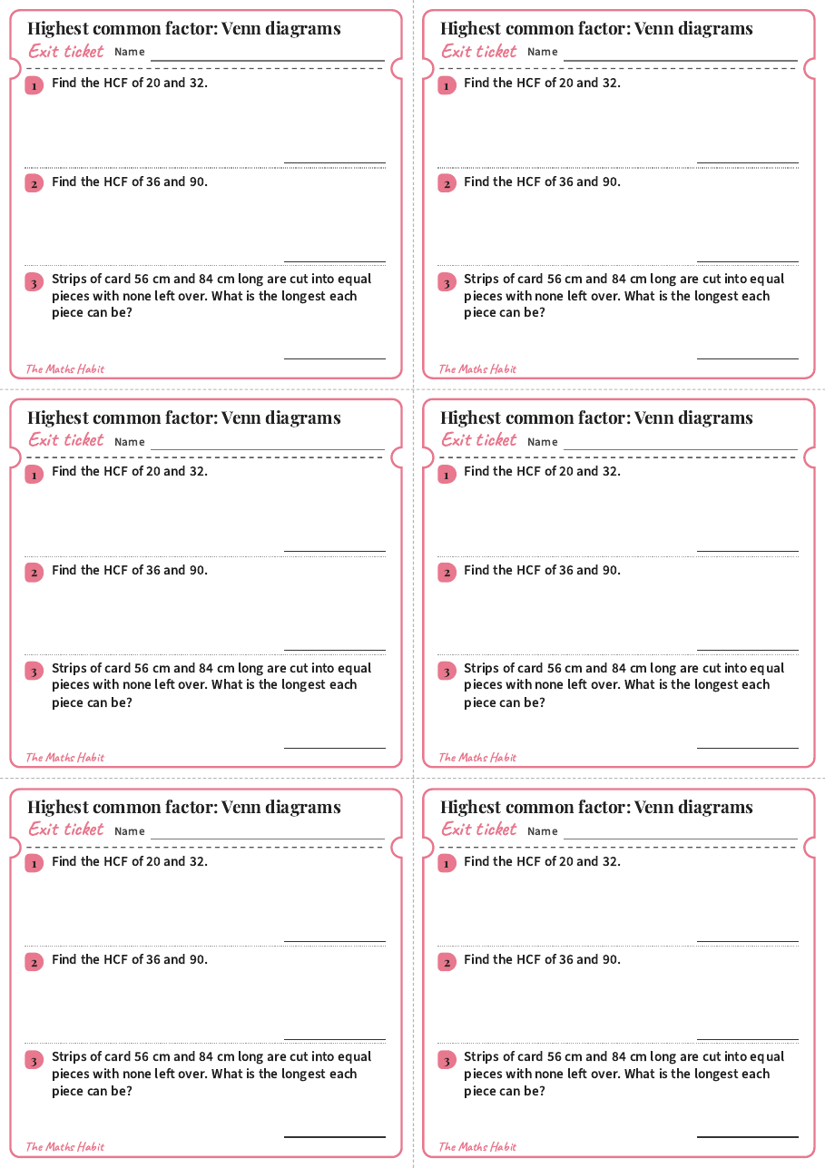 Highest common factor: Venn diagrams, exit tickets