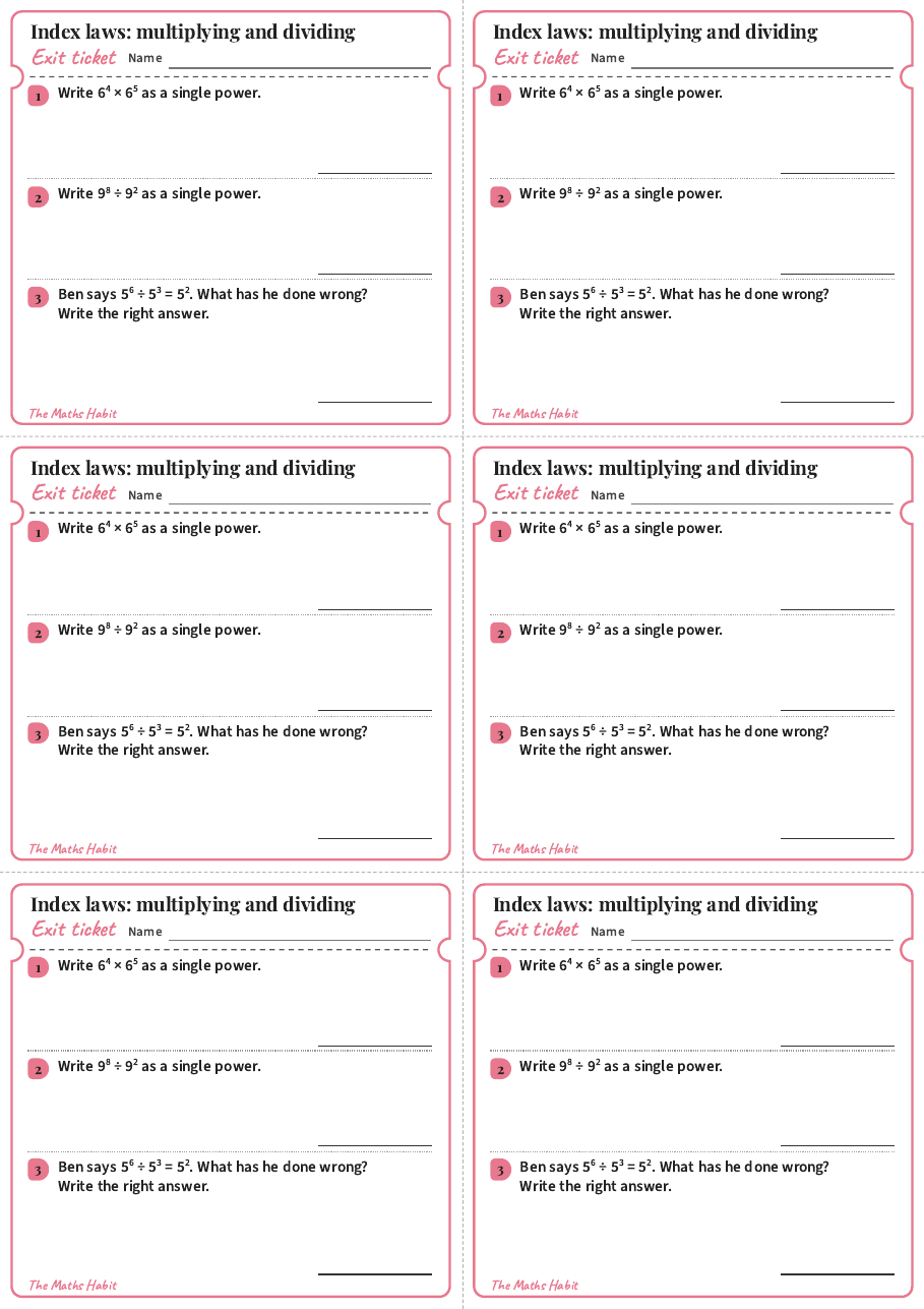 Exit ticket: Index laws: multiplying and dividing, first page