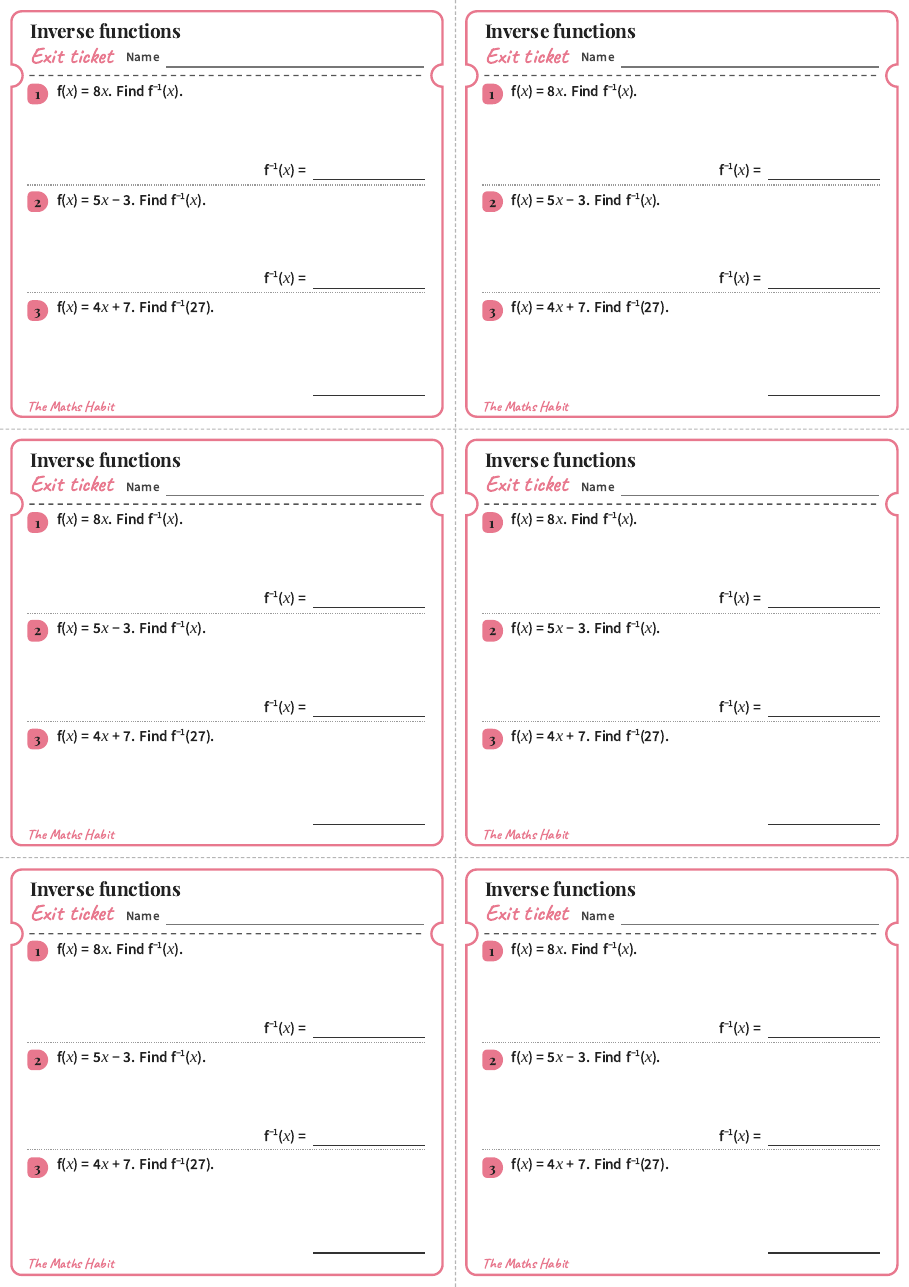 Inverse functions, exit tickets