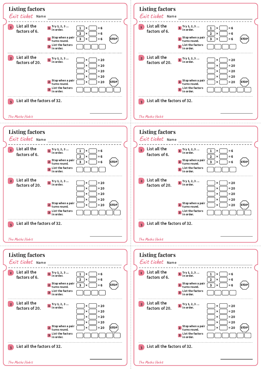 Exit ticket: Listing factors, first page