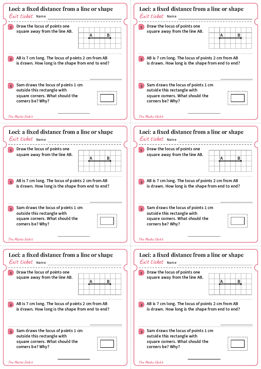 Loci: a fixed distance from a line or shape, exit tickets