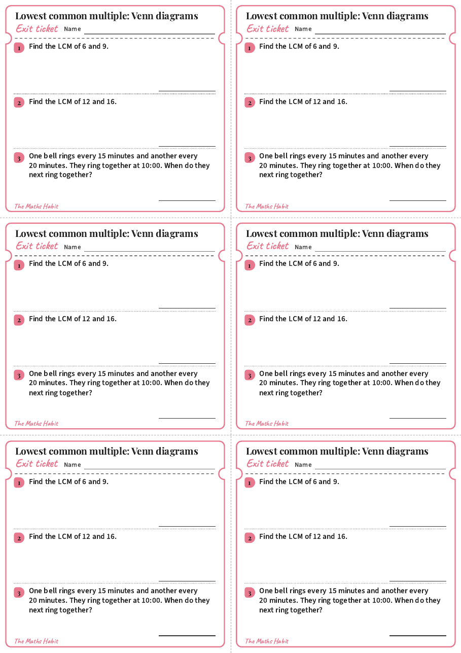 Lowest common multiple: Venn diagrams, exit tickets