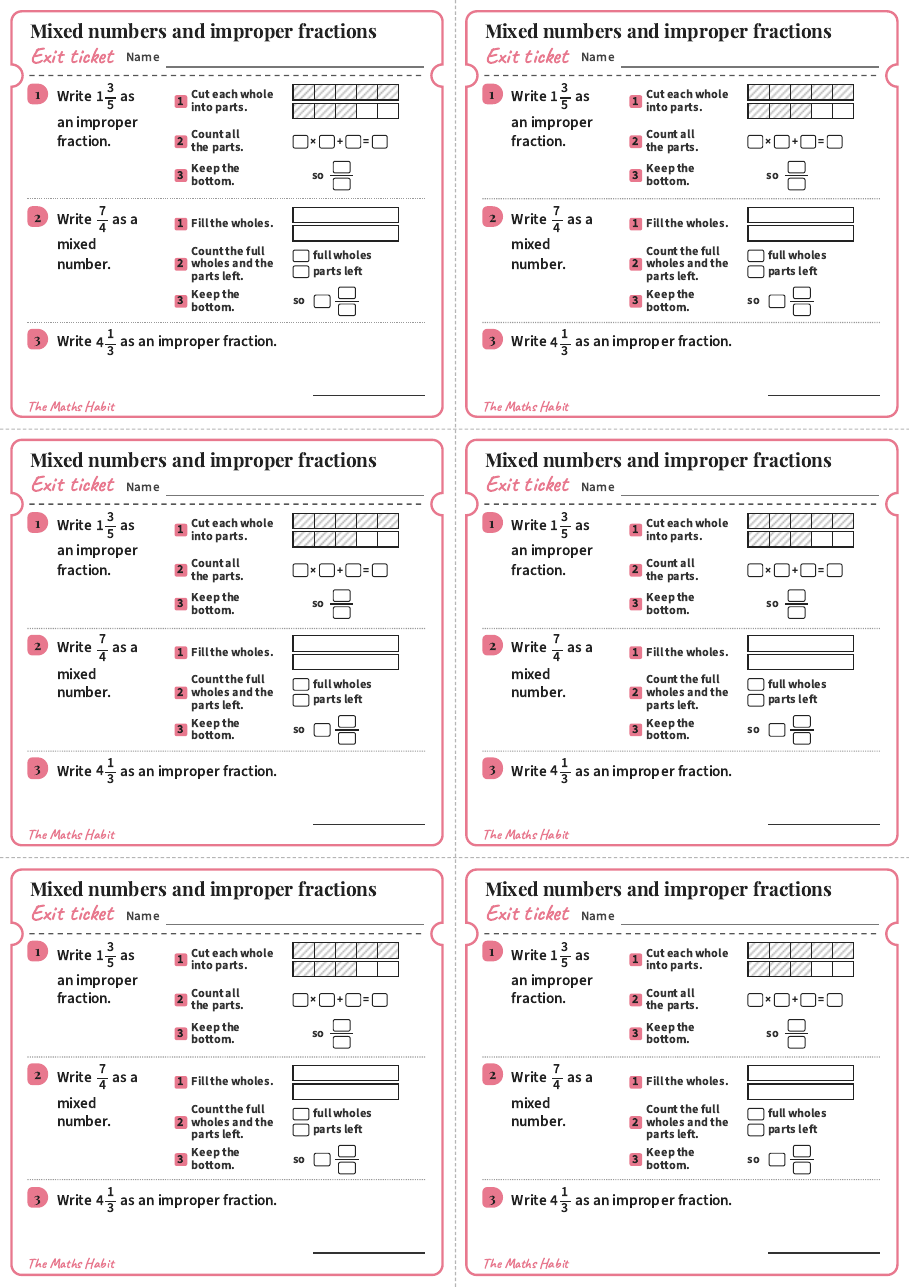 Mixed numbers and improper fractions, exit tickets