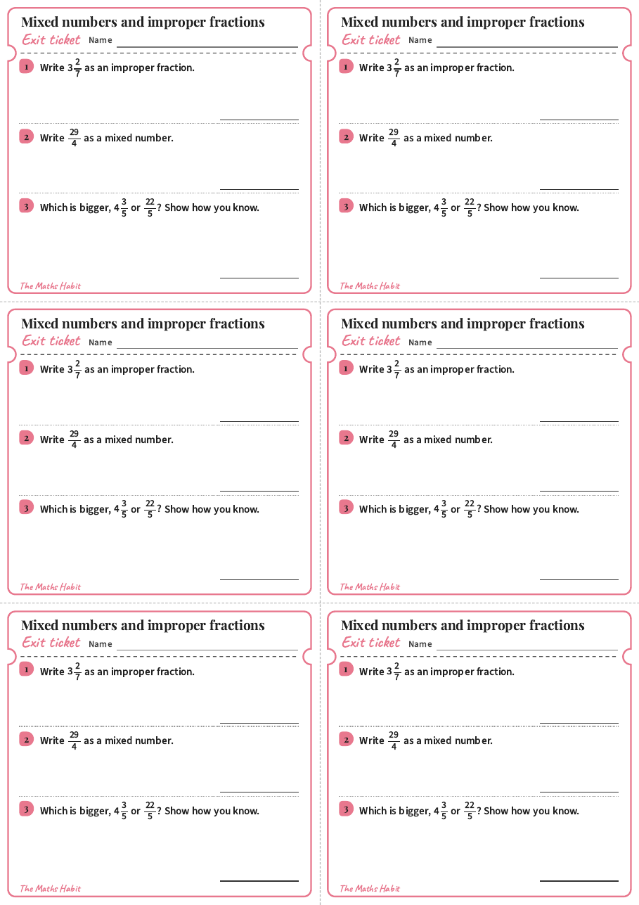 Mixed numbers and improper fractions, exit tickets