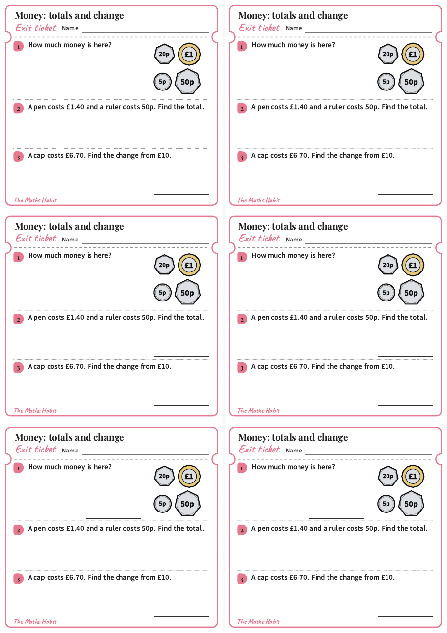 Exit ticket: Money: totals and change, first page