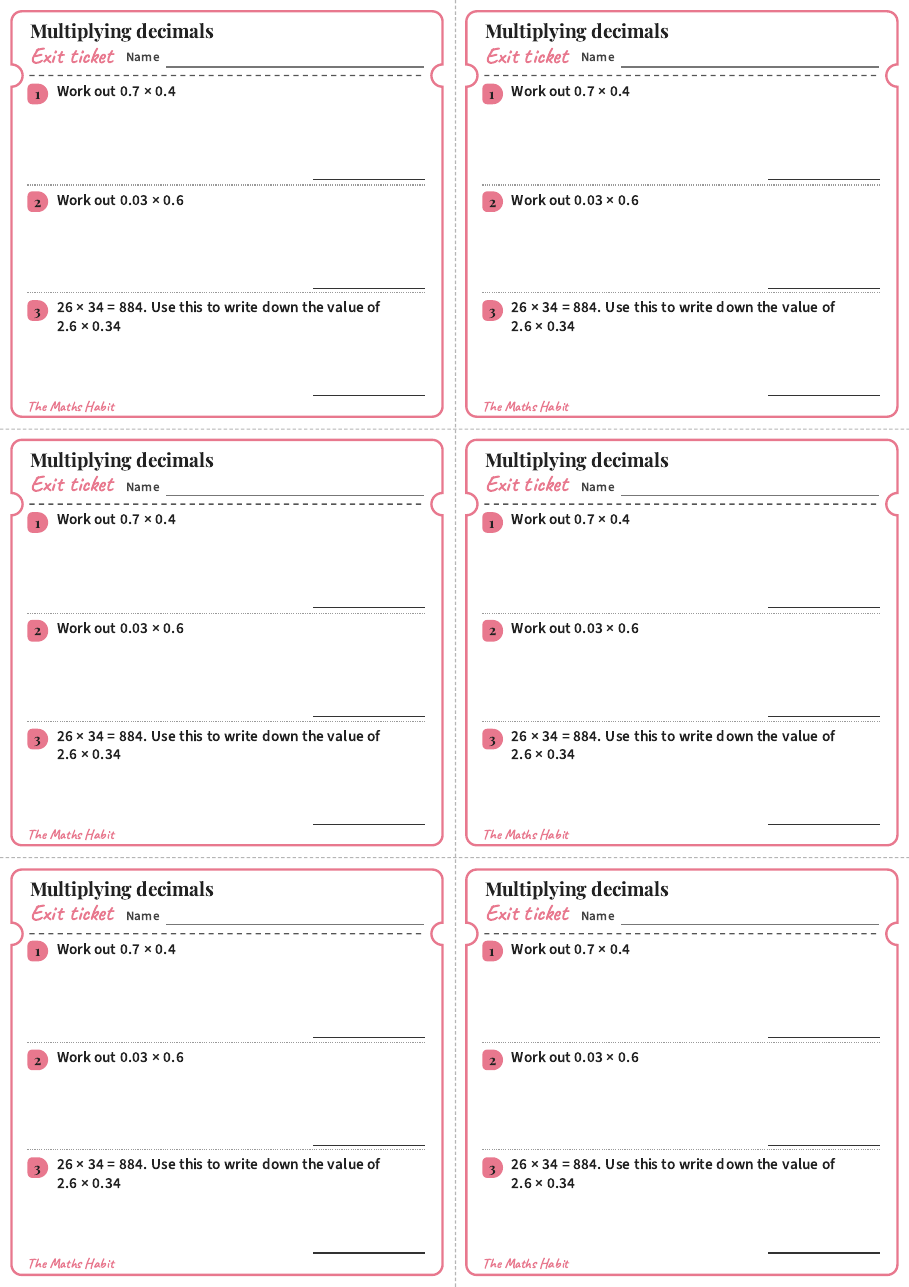 Multiplying decimals, exit tickets