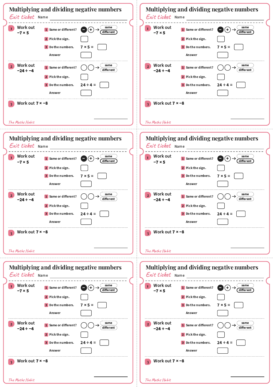 Exit ticket: Multiplying and dividing negative numbers, first page