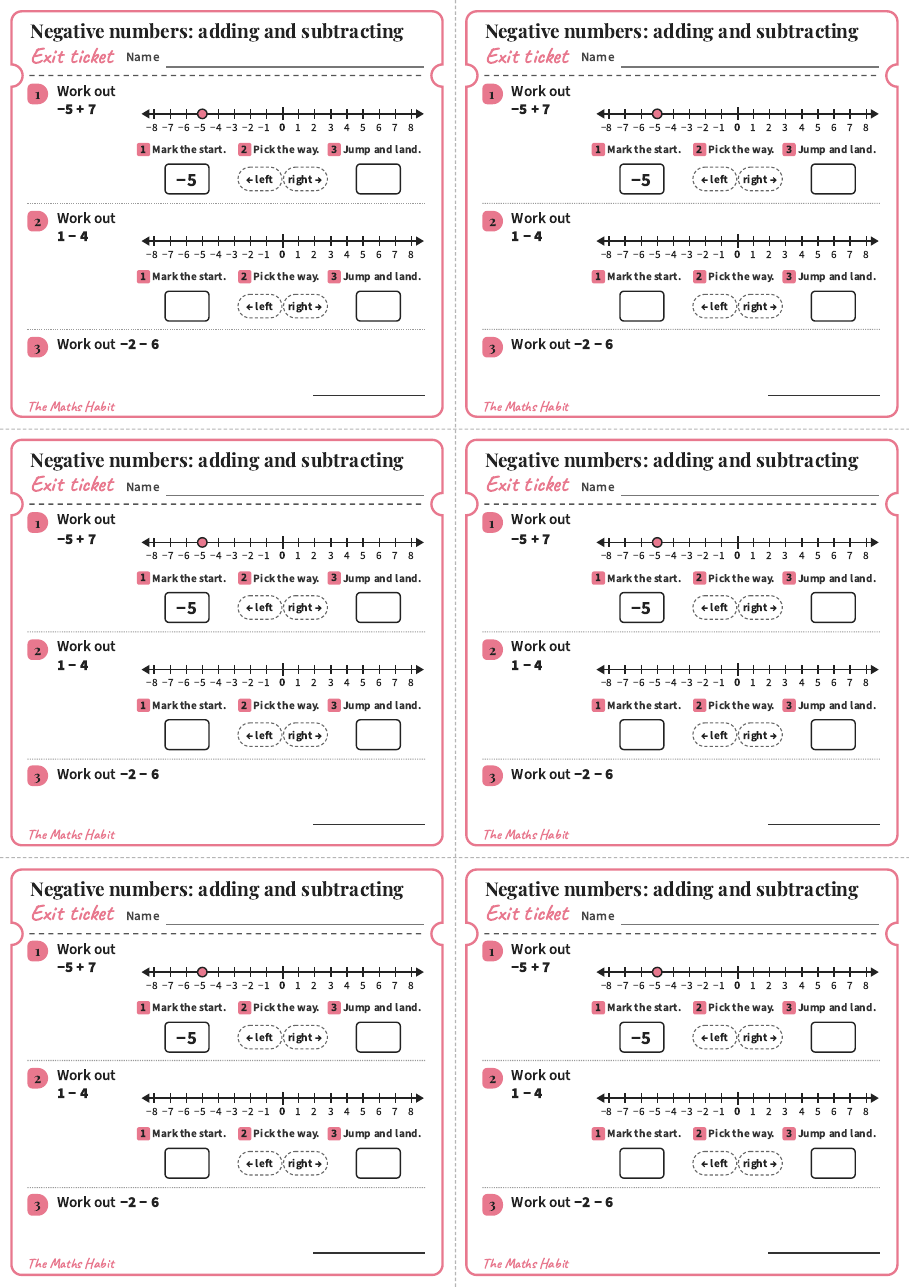 Negative numbers: adding and subtracting, exit tickets