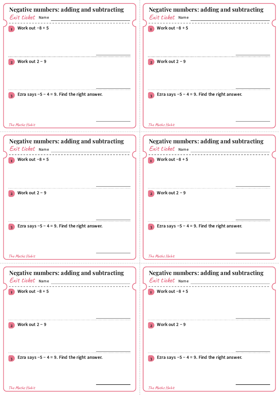Negative numbers: adding and subtracting, exit tickets