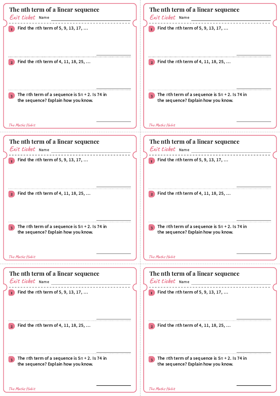 The nth term of a linear sequence, exit tickets