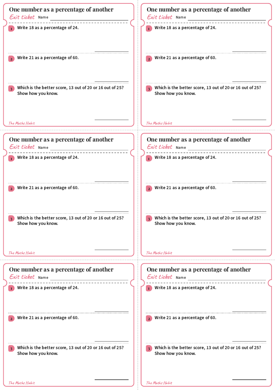 One number as a percentage of another, exit tickets