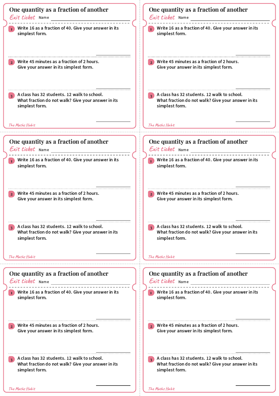 Exit ticket: One quantity as a fraction of another, first page
