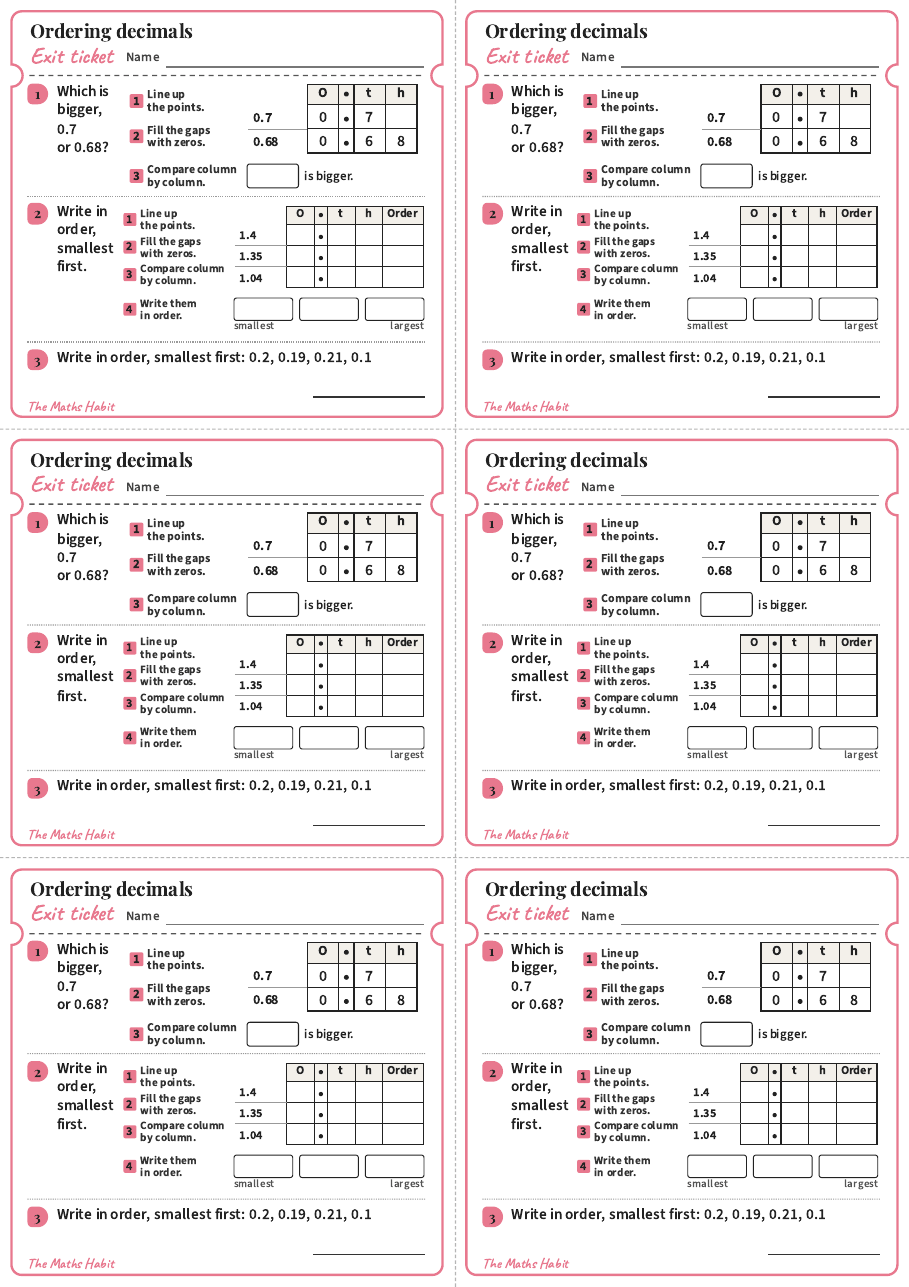 Exit ticket: Ordering decimals, first page