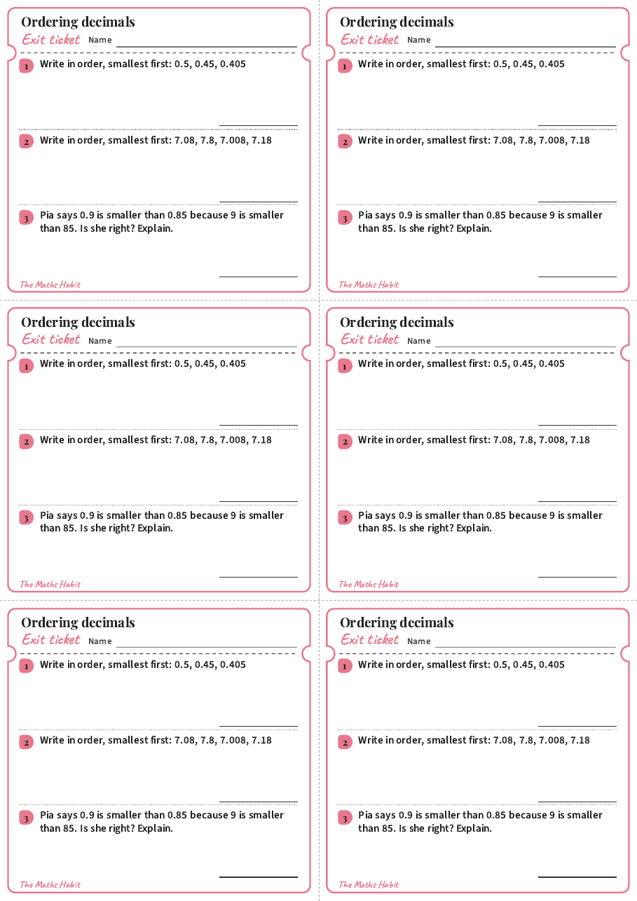 Ordering decimals, exit tickets