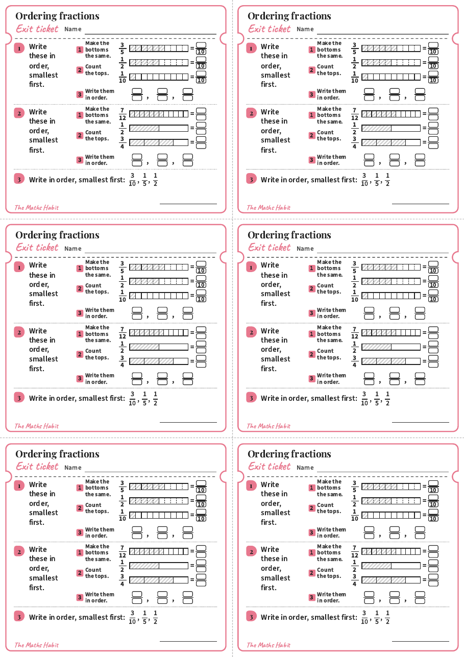 Exit ticket: Ordering fractions, first page