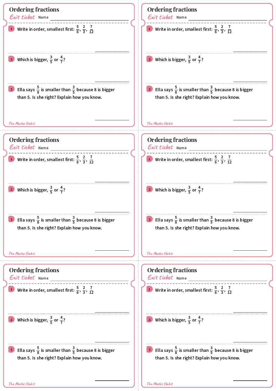 Ordering fractions, exit tickets