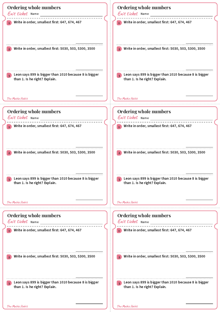 Exit ticket: Ordering whole numbers, first page