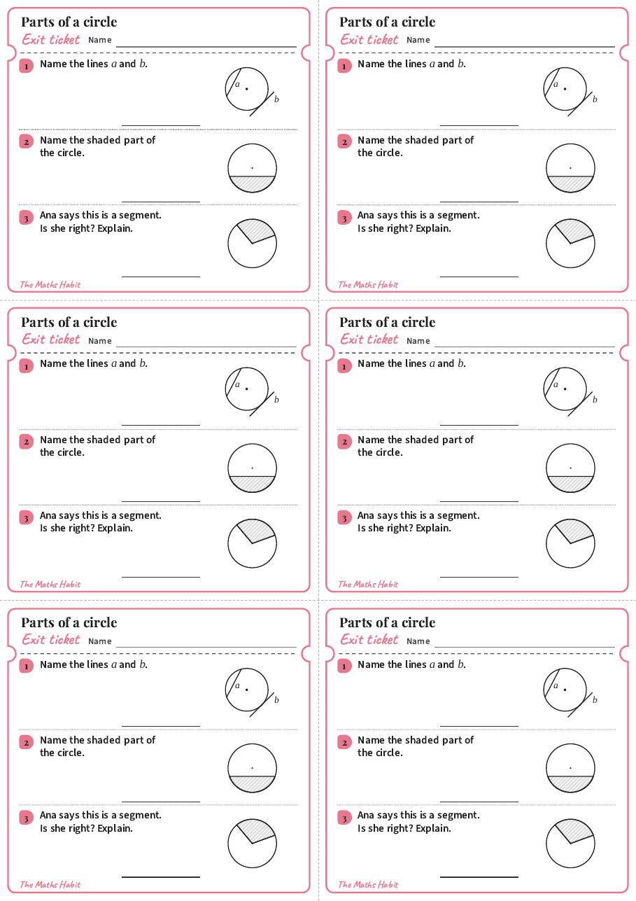 Exit ticket: Parts of a circle, first page